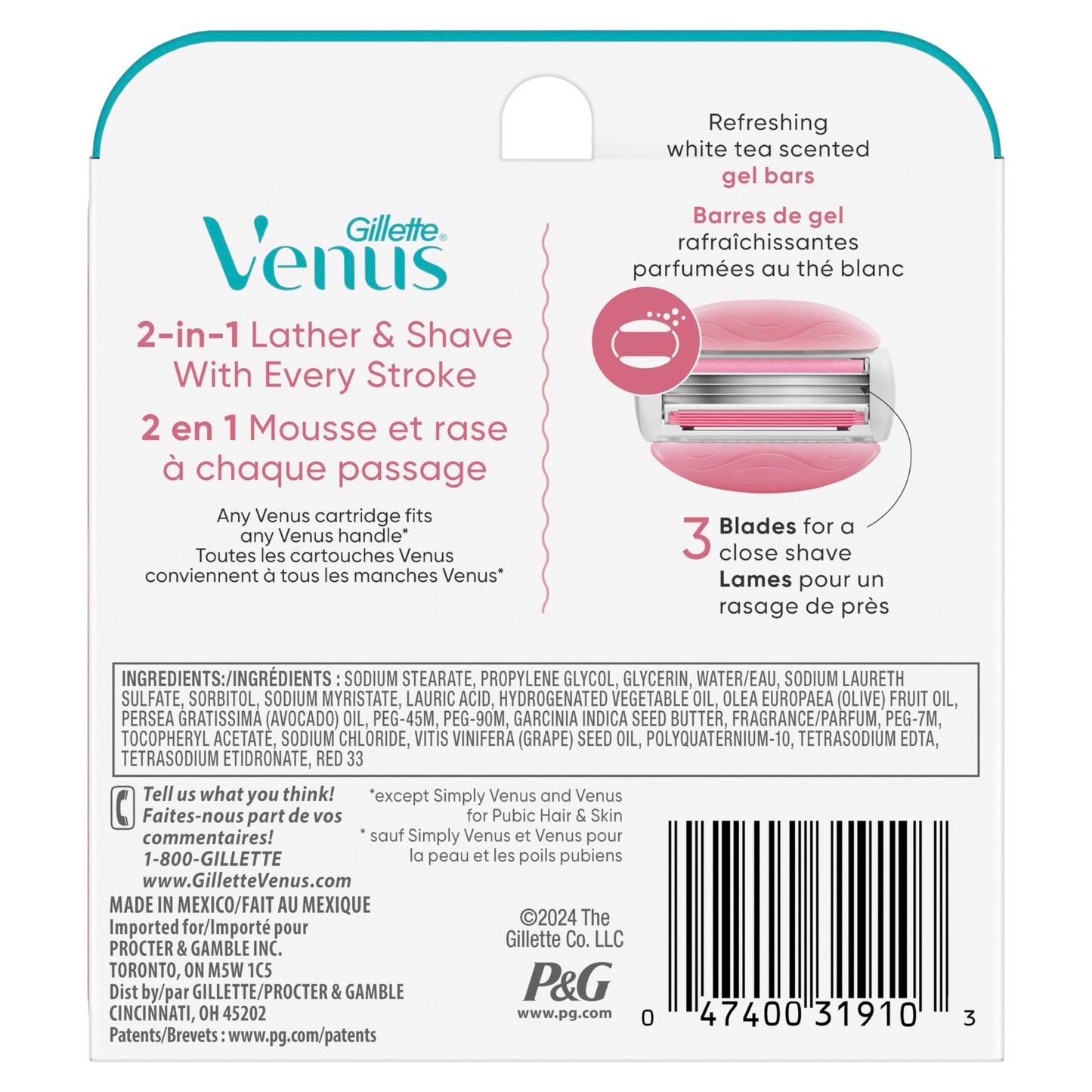 Gillette Venus ComfortGlide White Tea Women's Razor Blades, 3-Blade Razor Refills, 6 Count