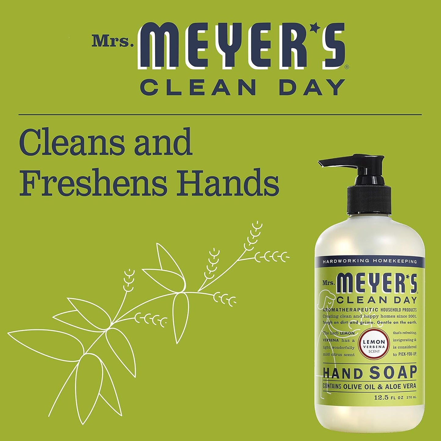 MRS. MEYER'S CLEAN DAY Liquid Hand Soap, Cruelty-Free, and Biodegradable Hand Wash Made with Essential Oils, Lemon Verbena Scent, 12.5 Oz (Pack of 3)
