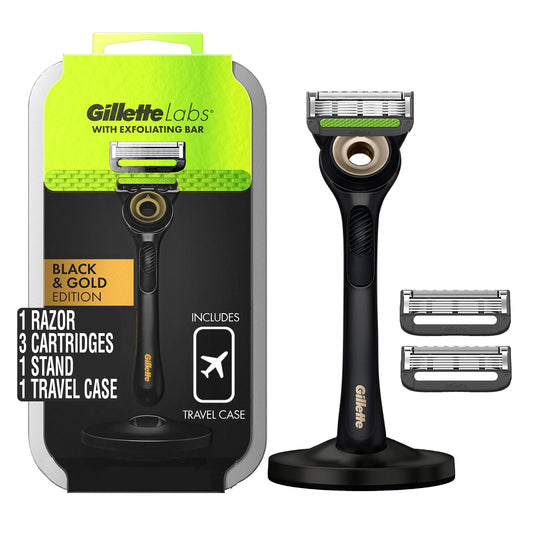 GilletteLabs with Exfoliating Bar by Gillette Mens Razor, 5 Bladed Razor, Closeness and Comfort, Includes Travel Case and Razor Stand, Handle + 3 Blade Refills