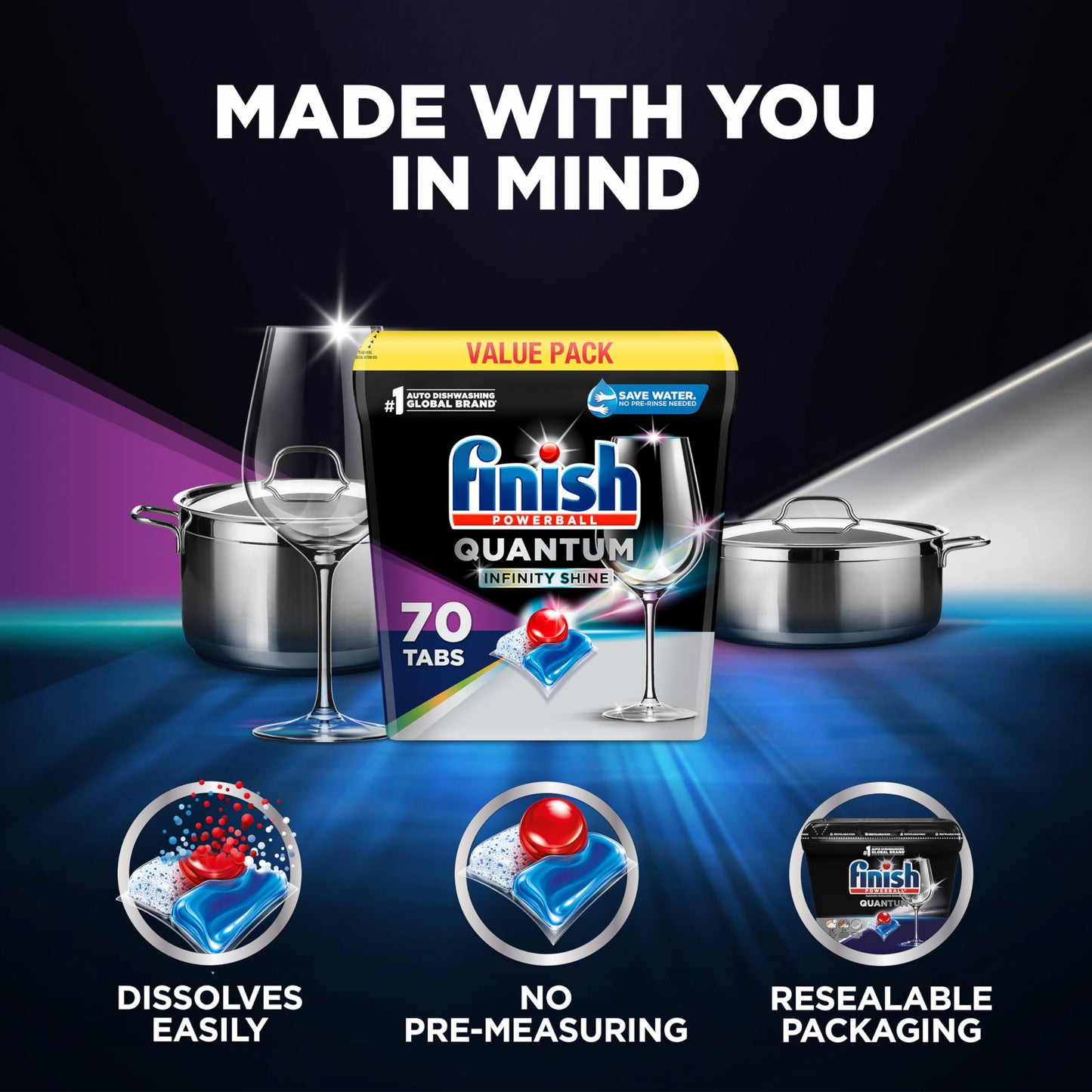 Finish Quantum Infinity Shine Dishwasher Pods, No Pre-Rinse Dishwasher Detergent Soap Removes 24HR Dried-On Stain and Grease, Leaving a Virtually Spotless Shine, 70 Count
