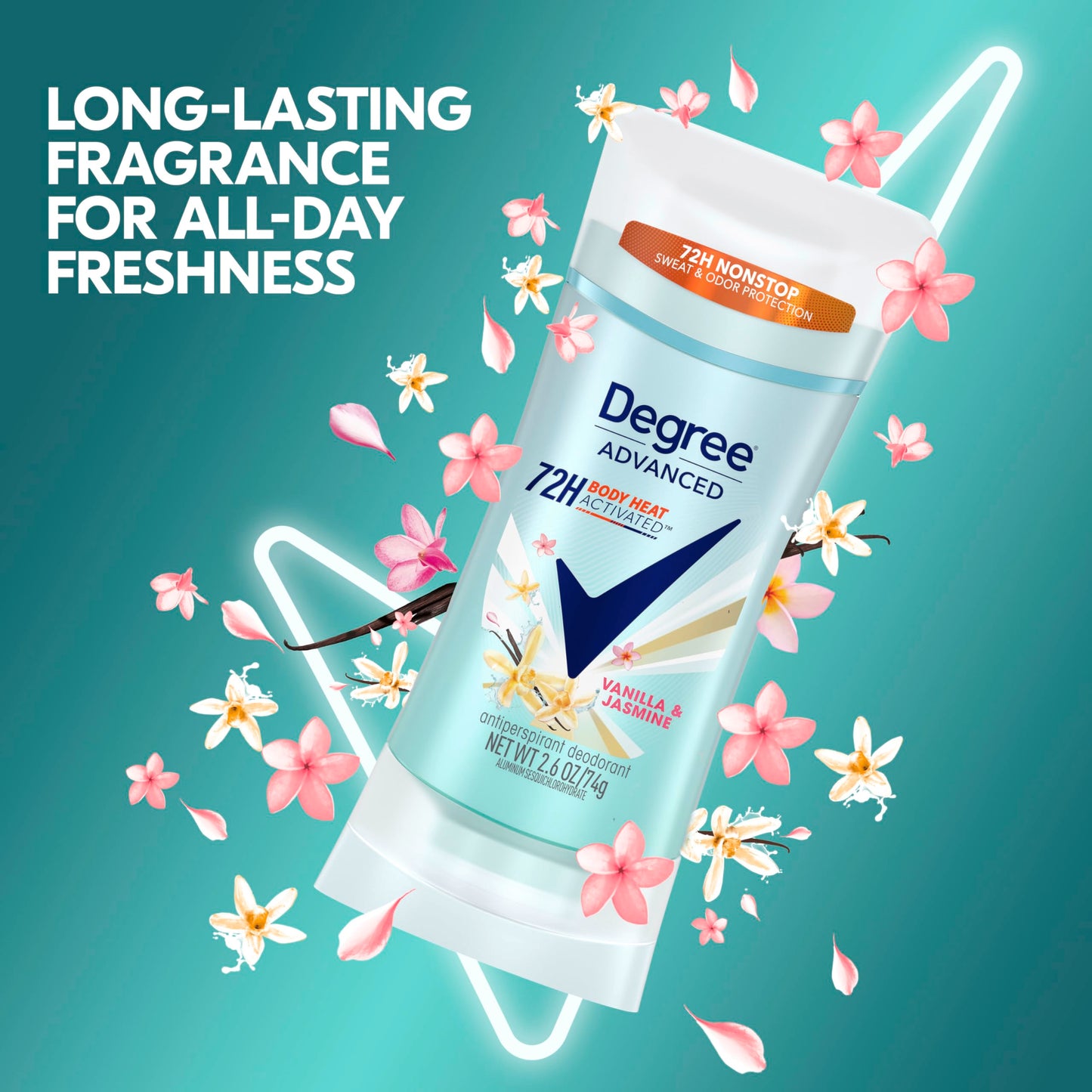Degree Advanced Protection Antiperspirant Deodorant Vanilla & Jasmine for 72-Hour Sweat & Odor Control for Women, with Body Heat Activated Technology, 2.6 oz