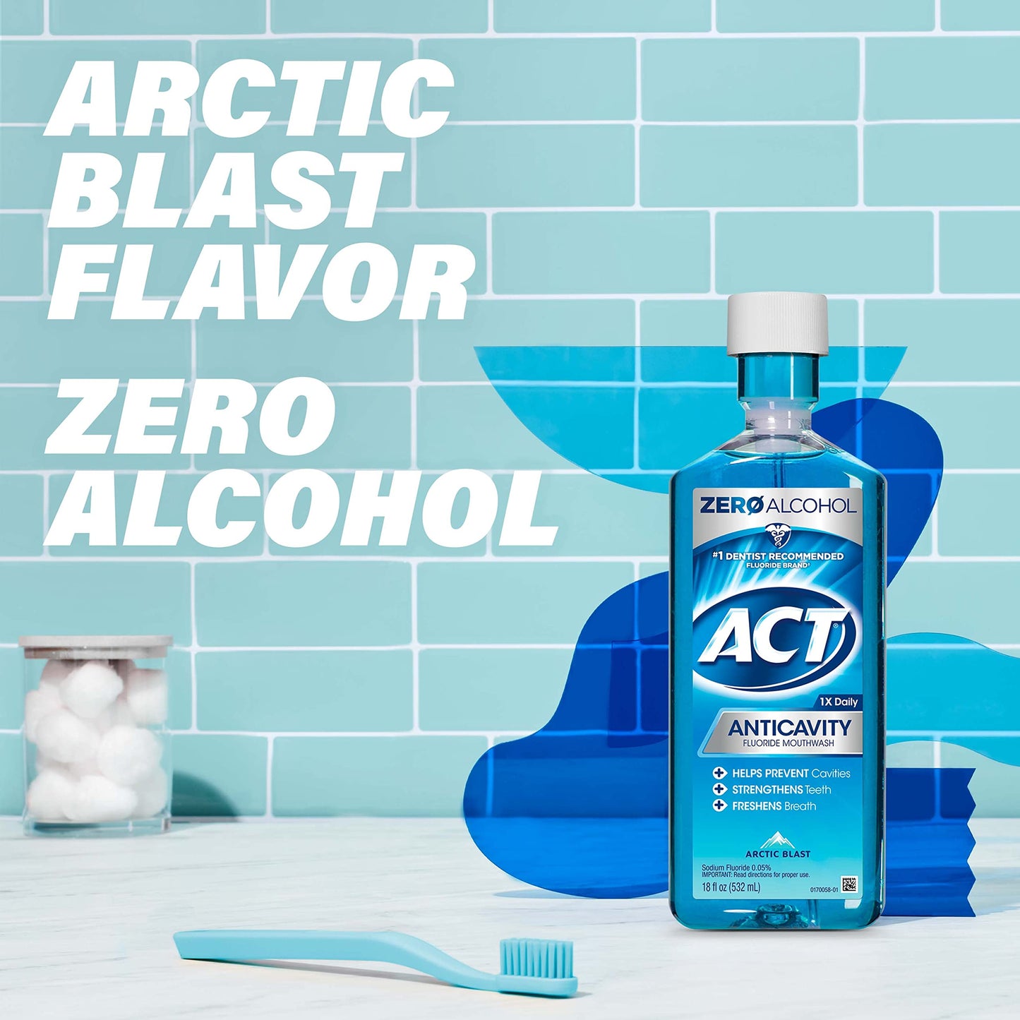 ACT Anticavity Zero Alcohol Fluoride Mouthwash 18 fl. oz., with Accurate Dosing Cup, Arctic Blast (Pack of 2)