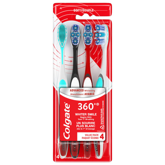Colgate 360 Advanced Optic White Whitening Toothbrush with Tongue Cleaner, Soft, 4 Count