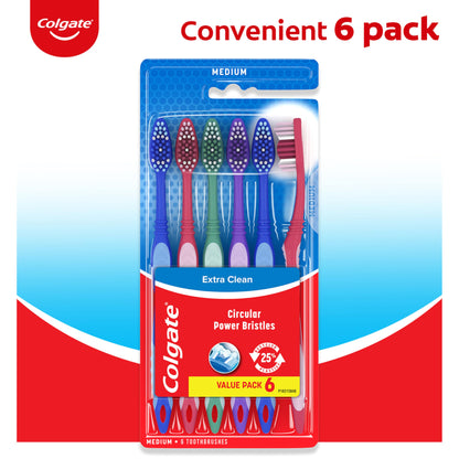 Colgate Extra Clean Toothbrush, Medium Bulk Toothbrush Pack, Adult Medium Bristle Toothbrushes with Ergonomic Handle and Circular Cleaning Bristles, Helps Remove Surface Stains, 6 Pack