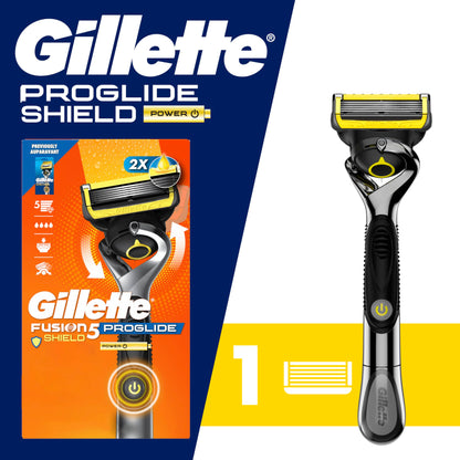 Gillette Fusion5 ProGlide Shield Shaving Razor for Men, 1 Power Razor Handle, 1 Refill, 2x Lubrication, Battery-Powered with FlexBall Handle and Precision Trimmer for Men