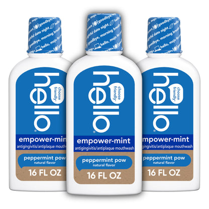 hello Empower-Mint Fluoride Free and Alcohol Free Mouthwash, Non Alcoholic Mint Mouthwash Pack, Peppermint Pow, 3 Pack, 16 Fl Oz Bottles
