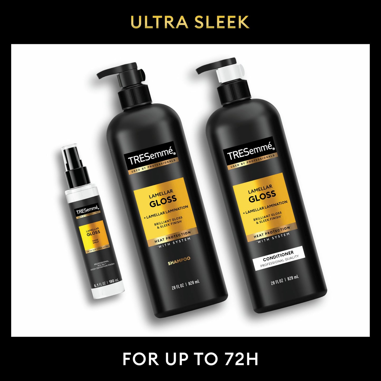 TRESemmé Lamellar Gloss Shampoo, Conditioner and Shine Spray for Brilliant Gloss & Sleek Finish Ultimate Shine with Heat Protection, 3 pack