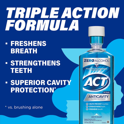 ACT Anticavity Zero Alcohol Fluoride Mouthwash 18 fl. oz., with Accurate Dosing Cup, Arctic Blast (Pack of 2)