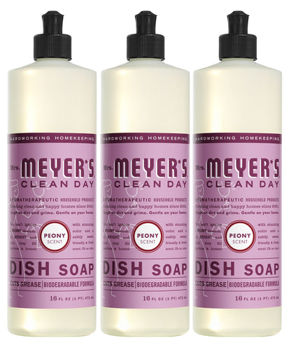 MRS. MEYER'S CLEAN DAY Liquid Dish Soap, Biodegradable Formula, Peony, 16 Fl. Oz - Pack of 3