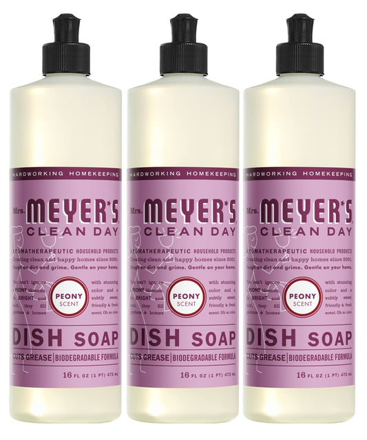 MRS. MEYER'S CLEAN DAY Liquid Dish Soap, Biodegradable Formula, Peony, 16 Fl. Oz - Pack of 3