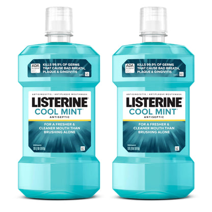 Listerine Cool Mint Antiseptic Mouthwash to Kill 99% of Germs That Cause Bad Breath, Plaque and Gingivitis, Cool Mint Flavor, 1 L 2-Pack
