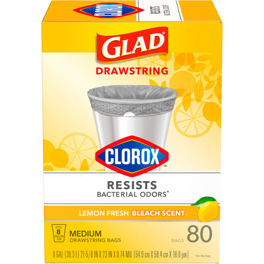 Glad Medium Drawstring Trash Bags with Clorox, 8 Gal, Lemon Fresh Bleach, 80 Ct (Package May Vary)