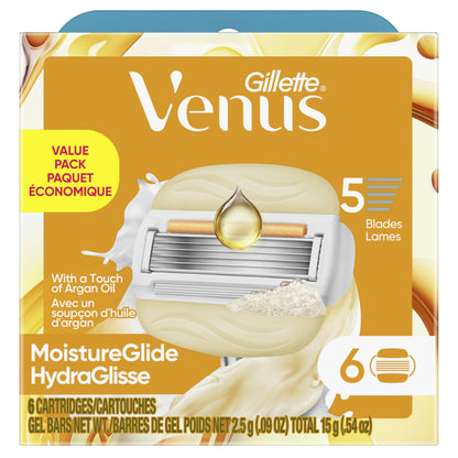 Venus MoistureGlide Women's Razor Blades, With Built-in Shave Gel Bars, 6 Razor Blade Refills