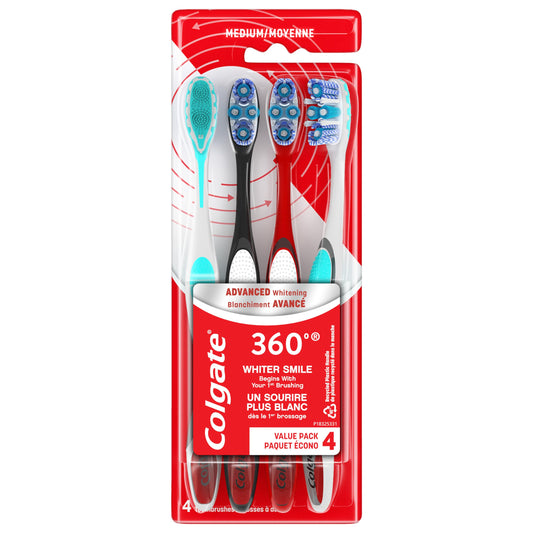 Colgate 360 Advanced Optic White Whitening Toothbrush with Tongue Cleaner, medium, 4 Count