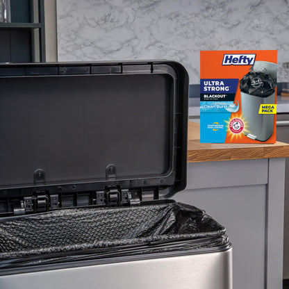 Hefty Ultra Strong 13 Gallon Trash Bags, Black Tall Kitchen Trash Bags 13 Gallon Size, Break Resistant Drawstring Enclosure, Continuous Odor Control, Blackout, Clean Burst Scent, 110 Bags