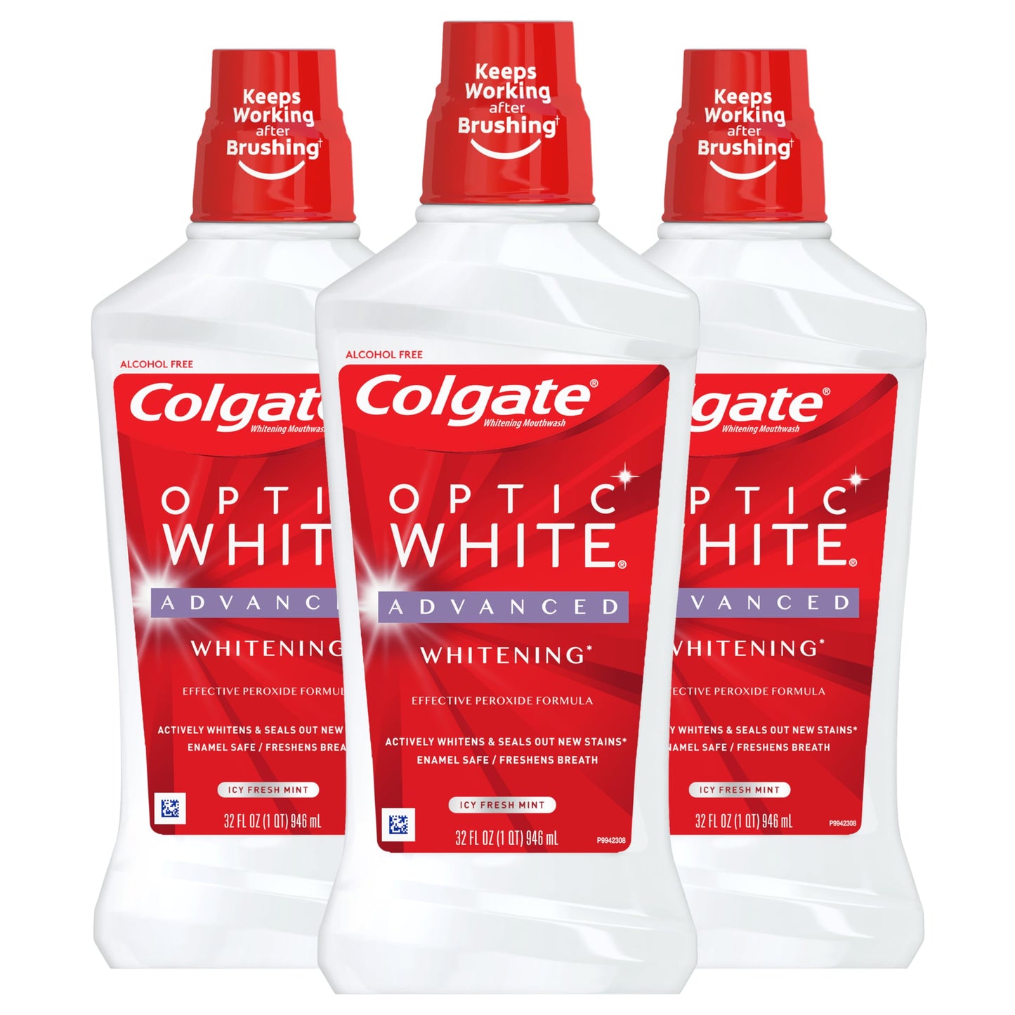 Colgate Optic White Whitening Mouthwash with Hydrogen Peroxide, Alcohol Free, Icy Fresh Mint - 32 fluid ounces (3 Pack)