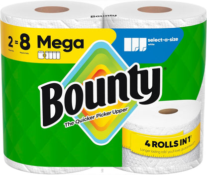 Bounty Select-A-Size Paper Towels, White, 2 Mega Rolls = 8 Regular Rolls