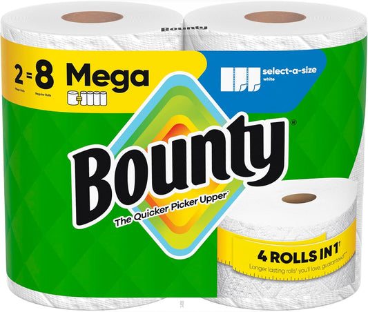 Bounty Select-A-Size Paper Towels, White, 2 Mega Rolls = 8 Regular Rolls