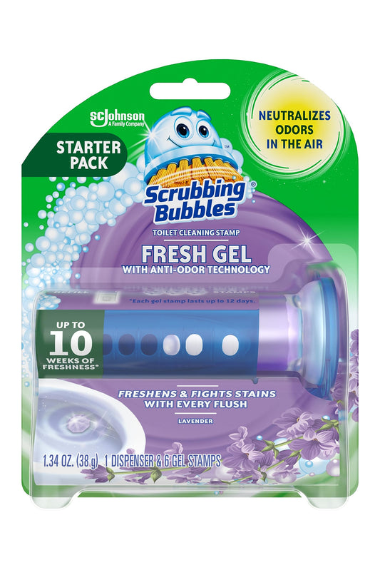 Scrubbing Bubbles Fresh Gel Toilet Bowl Cleaning Stamps, Helps Keep Toilet Clean and Helps Prevent Limescale & Rings, Lavender Scent, 1 Dispenser with 6 Fresh Gel Stamps