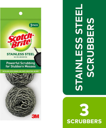 Scotch-Brite Stainless Steel Scrubber, Dish Scrubbers for Cleaning Kitchen and Household, Dishes, 3