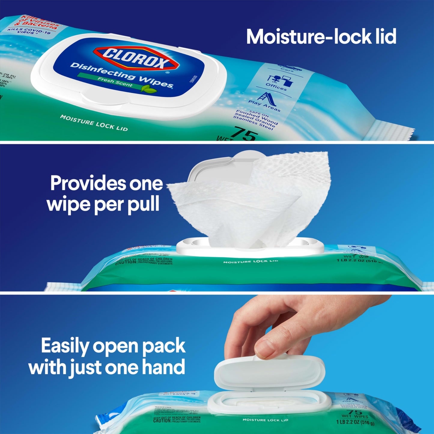 Clorox Disinfecting Wipes, Bleach Free, Household Essentials, Fresh Scent, Moisture Seal Lid, 75 Cleaning Wipes, Pack of 3 (New Packaging)
