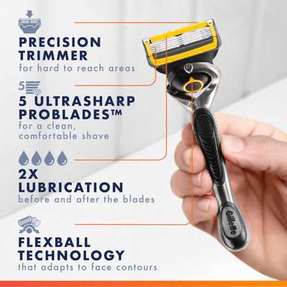 Gillette Fusion5 ProGlide Shield Shaving Razor for Men, 1 Power Razor Handle, 1 Refill, 2x Lubrication, Battery-Powered with FlexBall Handle and Precision Trimmer for Men