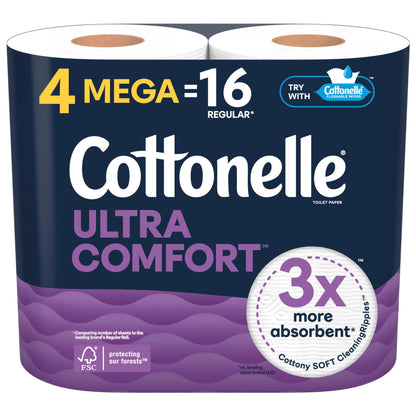 Cottonelle Ultra Comfort Soft Toilet Paper - 4 Mega Rolls (16 Regular Rolls), 244 Sheets Each