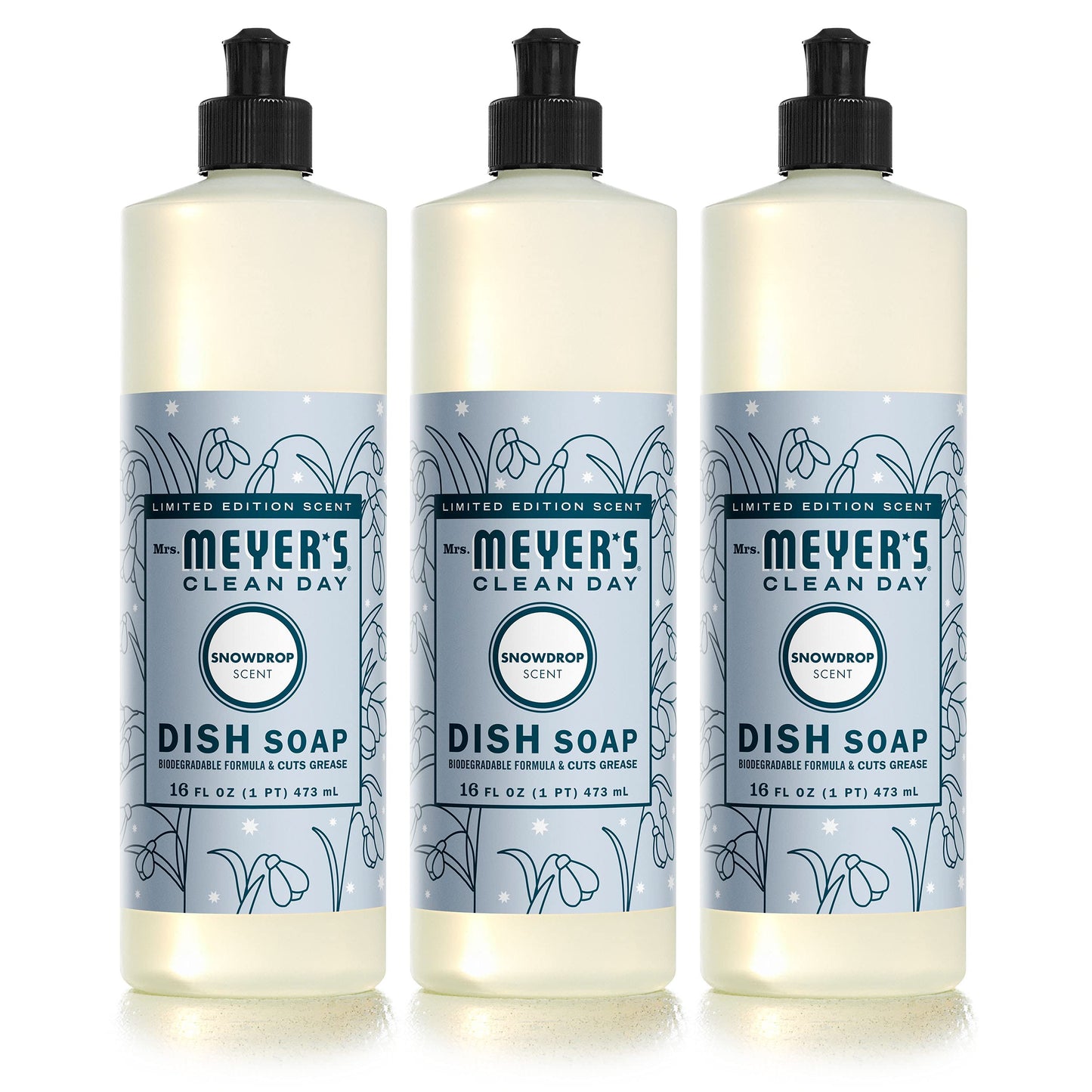 MRS. MEYER'S CLEAN DAY Liquid Dish Soap, Biodegradable Formula, Limited Edition Snowdrop, 16 Fl. Oz - Pack of 3