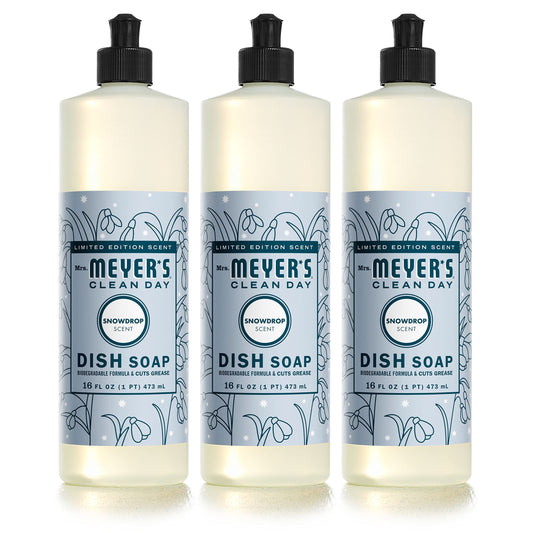 MRS. MEYER'S CLEAN DAY Liquid Dish Soap, Biodegradable Formula, Limited Edition Snowdrop, 16 Fl. Oz - Pack of 3