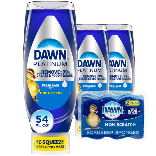 Dawn Dish Soap Squeeze Bottle, EZ-Squeeze Platinum Dish Soap Liquid+Non-Scratch Sponges for Dishes, Fresh Rain, Includes 3x18oz Bottles+2 Sponges