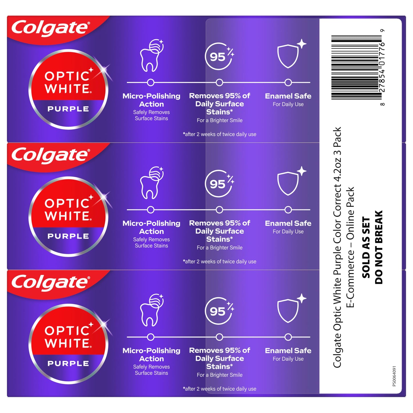 Colgate Optic White Purple Toothpaste for Teeth Whitening, Enamel-Safe Mint, 3 Pack, 4.2 oz