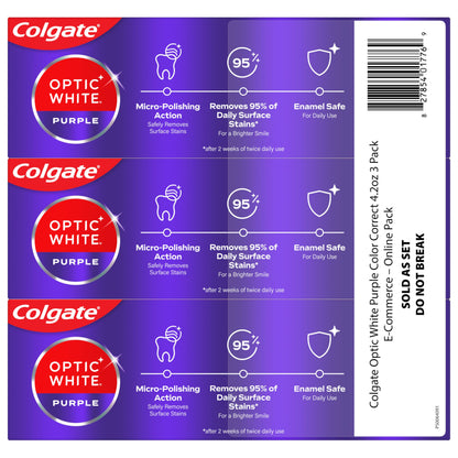 Colgate Optic White Purple Toothpaste for Teeth Whitening, Enamel-Safe Mint, 3 Pack, 4.2 oz