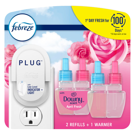 Febreze Plug In Air Freshener, Odor-Fighting Scented Oil Starter Kit, Air Fresheners for Home and Bathroom and Kitchen, Long Lasting for Strong Odors, Downy April Fresh Scent, Warmer + 2 Refill