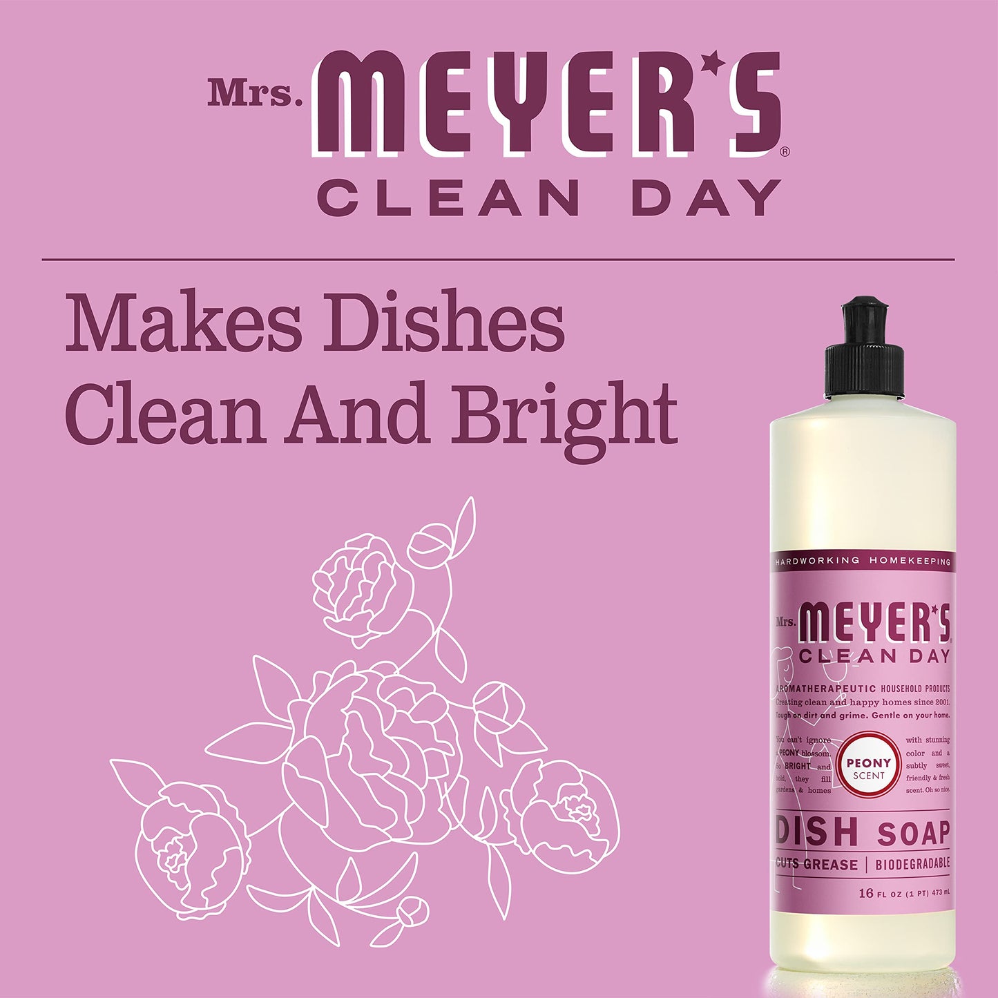 MRS. MEYER'S CLEAN DAY Liquid Dish Soap, Biodegradable Formula, Peony, 16 Fl. Oz - Pack of 3