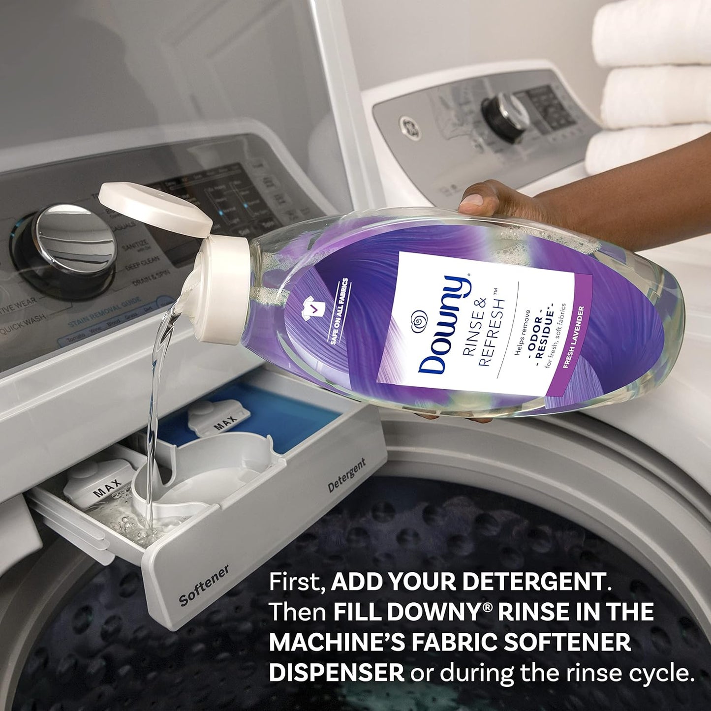 Downy RINSE & REFRESH Laundry Odor Remover and Fabric Softener, Fresh Lavender, 48 fl oz, Safe on ALL Fabrics, Gentle on Skin, HE Compatible