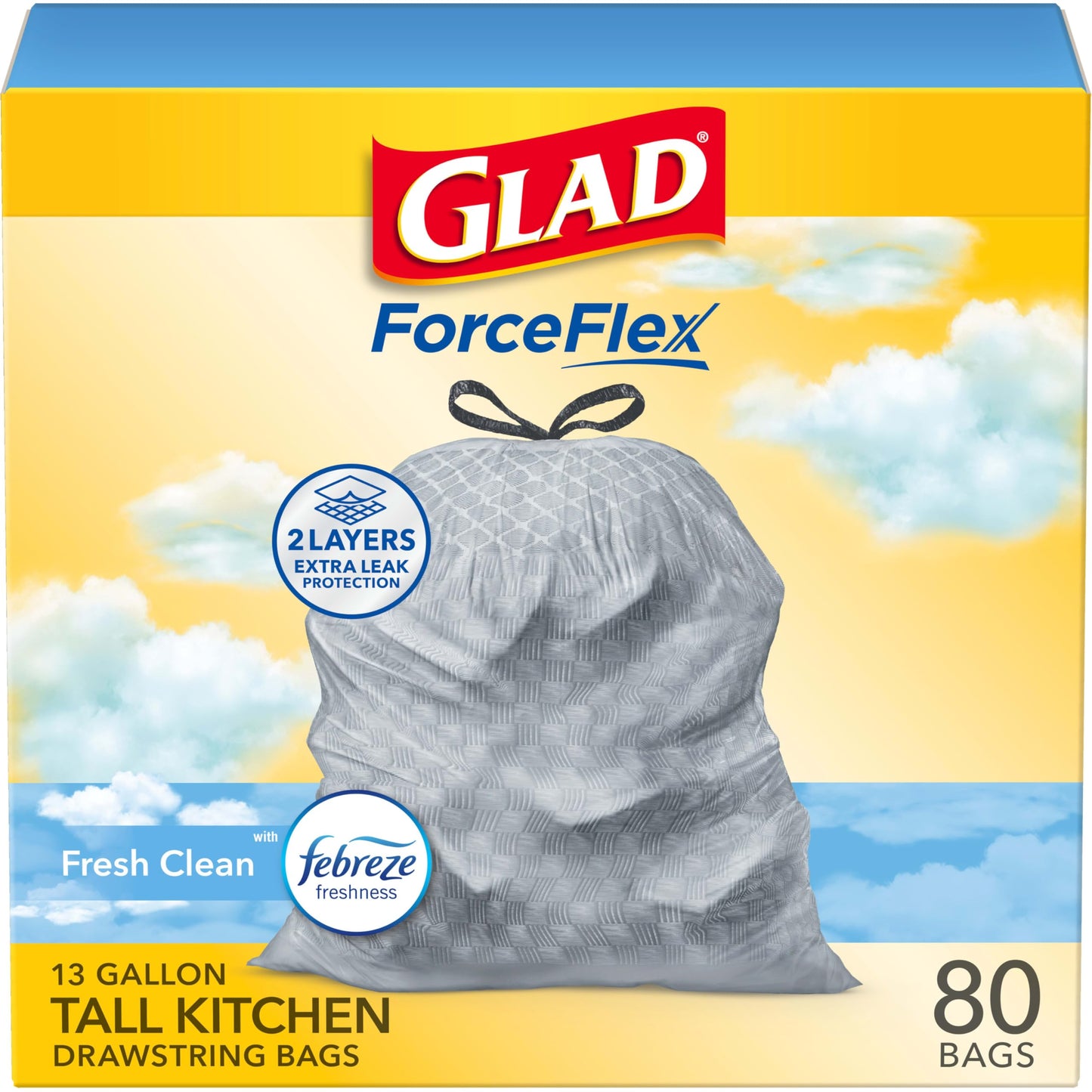 Glad ForceFlex Tall Kitchen Trash Bags, 13 Gallon, Gain Fresh Clean, 80 Count (Package May Vary)