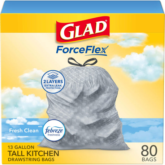 Glad ForceFlex Tall Kitchen Trash Bags, 13 Gallon, Gain Fresh Clean, 80 Count (Package May Vary)