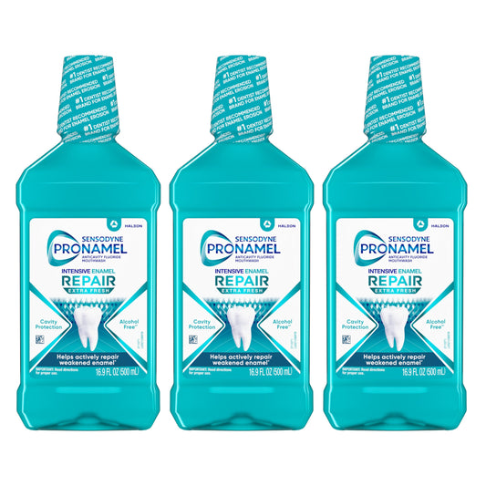 Sensodyne Pronamel Intensive Enamel Repair Alcohol-Free Mouthwash to Help Actively Repair Enamel and Protect Against Cavities, Extra Fresh, 3 x 16.9 fl oz