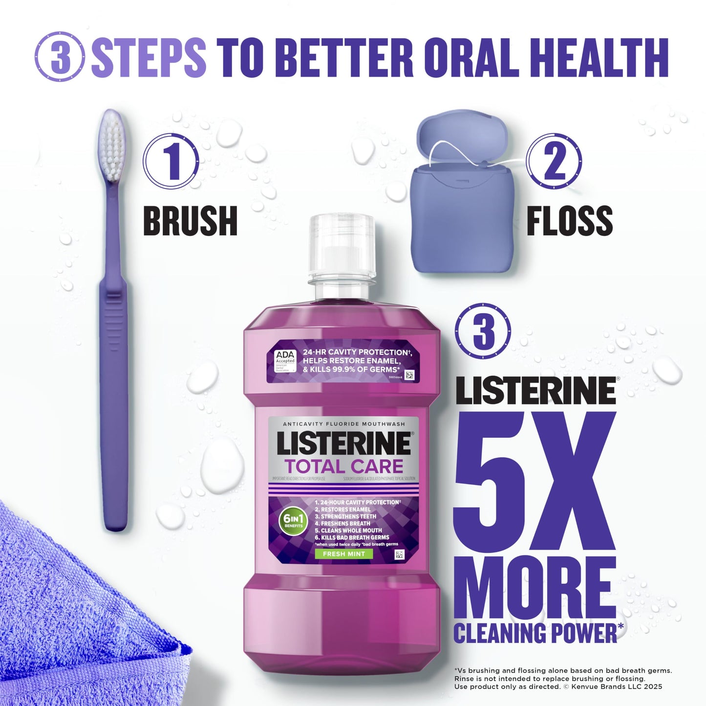 Listerine Total Care Anticavity Fluoride Mouthwash, 6 Benefits in 1 Oral Rinse Helps Kill 99% of Bad Breath Germs, Prevents Cavities, Strengthens Teeth, ADA-Accepted, Fresh Mint, 1 L