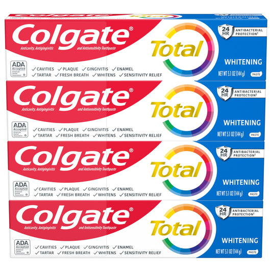 Colgate Total Whitening Toothpaste with Fluoride, 10 Benefits Including Sensitivity Relief and Stain Removal, Mint, 5.1 ounces (4 Pack)