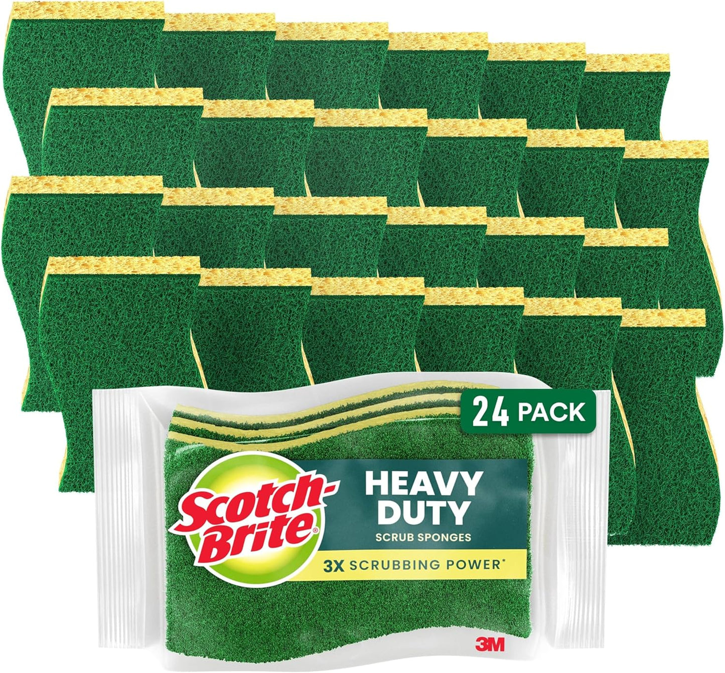 Scotch-Brite Heavy Duty Scrub Sponge, 24 Kitchen Sponges Designed for Tough Messes in the Kitchen that Last 3X Longer*, Best for Cast Iron Skillets and Outdoor Grills, Flexible, Durable, and Strong