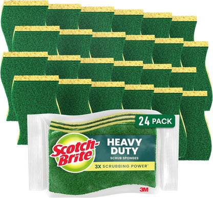 Scotch-Brite Heavy Duty Scrub Sponge, 24 Kitchen Sponges Designed for Tough Messes in the Kitchen that Last 3X Longer*, Best for Cast Iron Skillets and Outdoor Grills, Flexible, Durable, and Strong