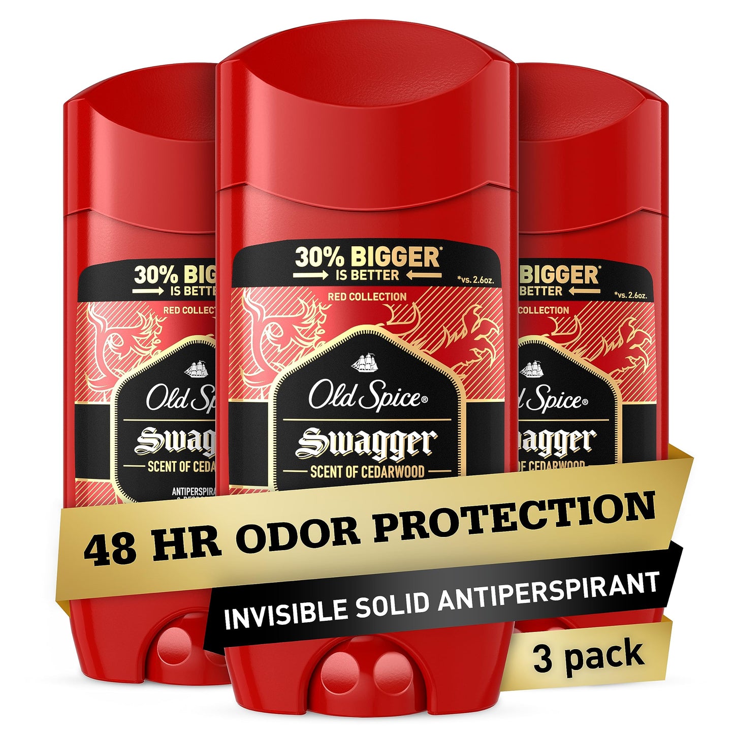 Old Spice Antiperspirant Deodorant for Men, 24/7 Sweat & Odor Protection, 24/7 Lasting Freshness, Invisible Solid, Swagger with Cedarwood Scent, 3.4 oz (Pack of 3)