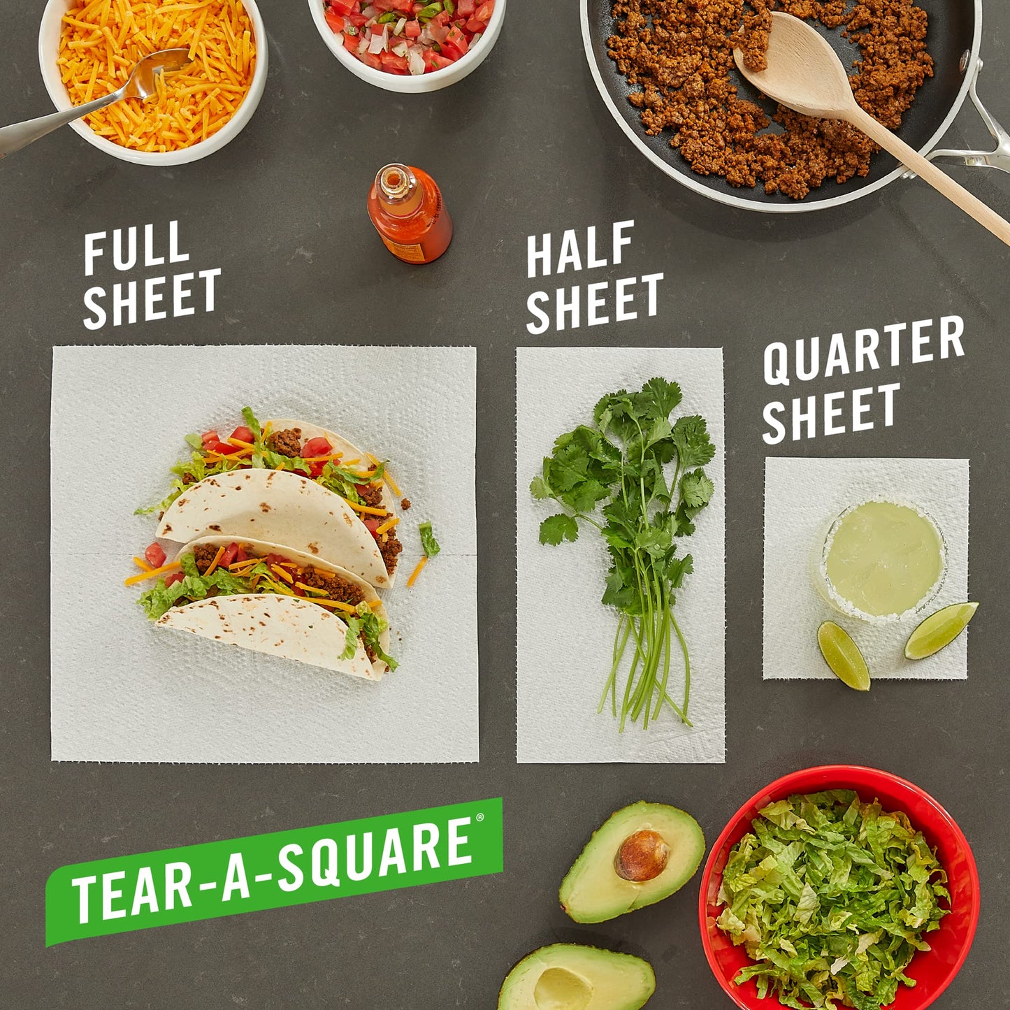 Brawny Tear-A-Square Paper Towels, 2 Double Rolls = 4 Regular Rolls, 3 Sheet Sizes (Quarter, Half, Full), Strength for All Messes, Cleanups, and Meal Prep